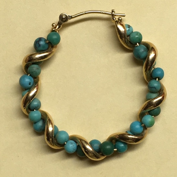 Jewelry - 14K GOLD AND TURQUOISE HOOP EARRINGS